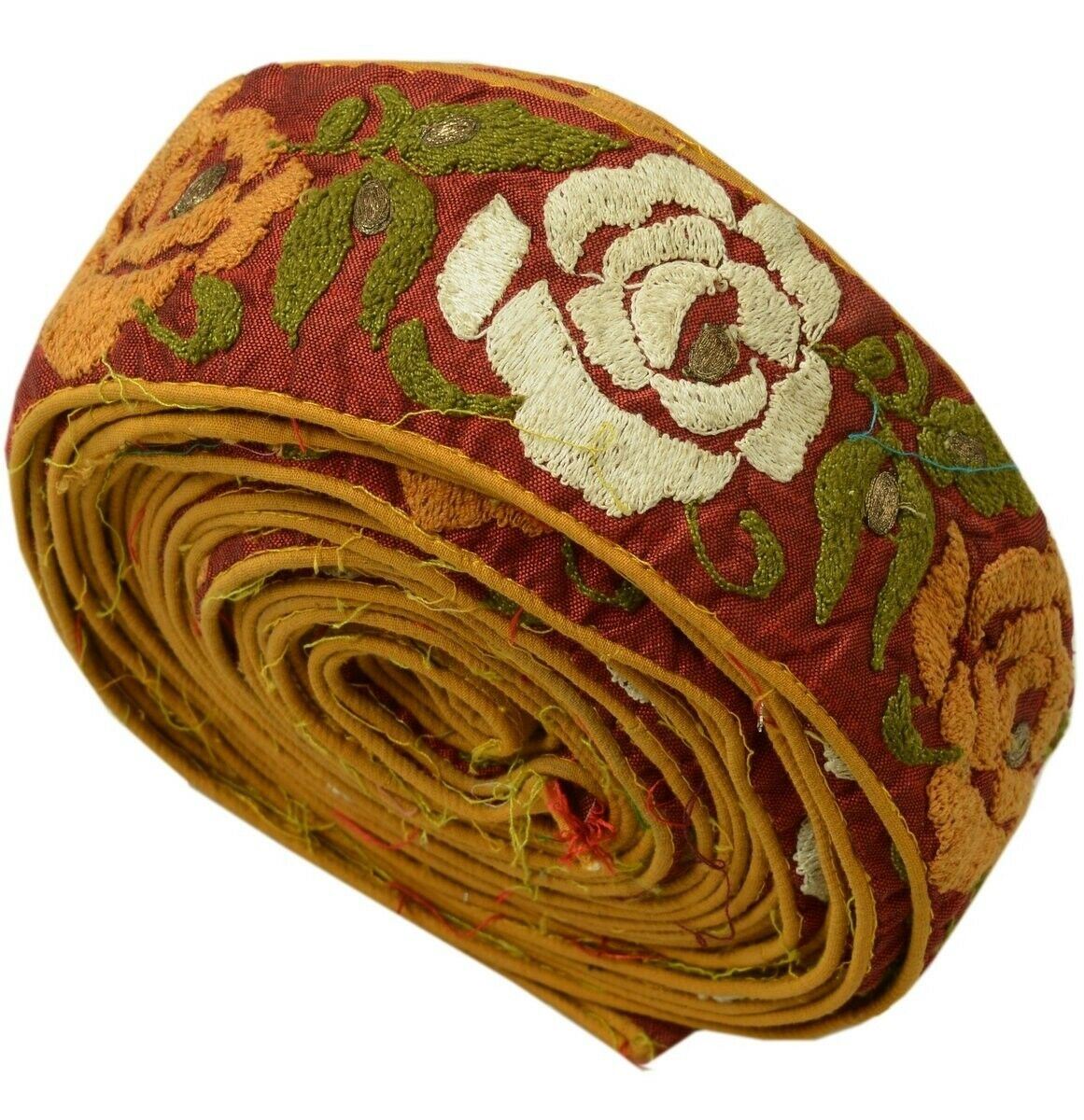 Vintage Saree Border Indian Craft Trim Embroidered Sewing Ribbon Lace Maroon