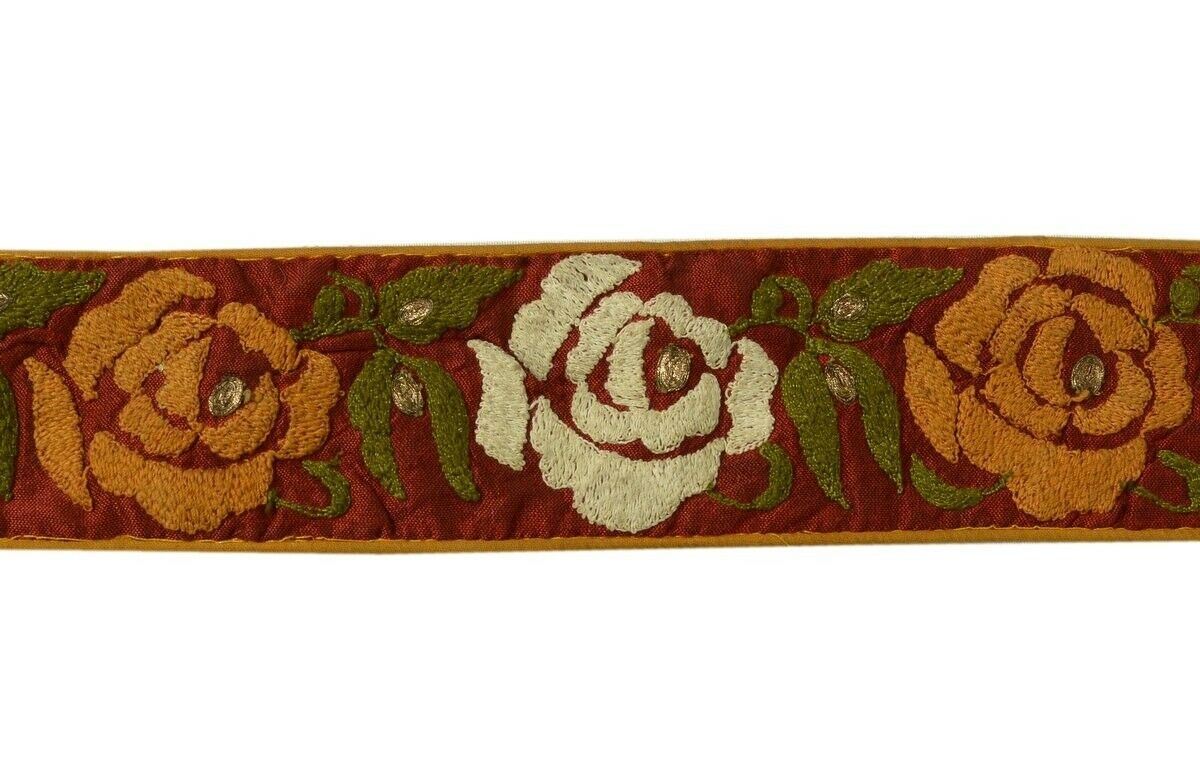 Vintage Saree Border Indian Craft Trim Embroidered Sewing Ribbon Lace Maroon