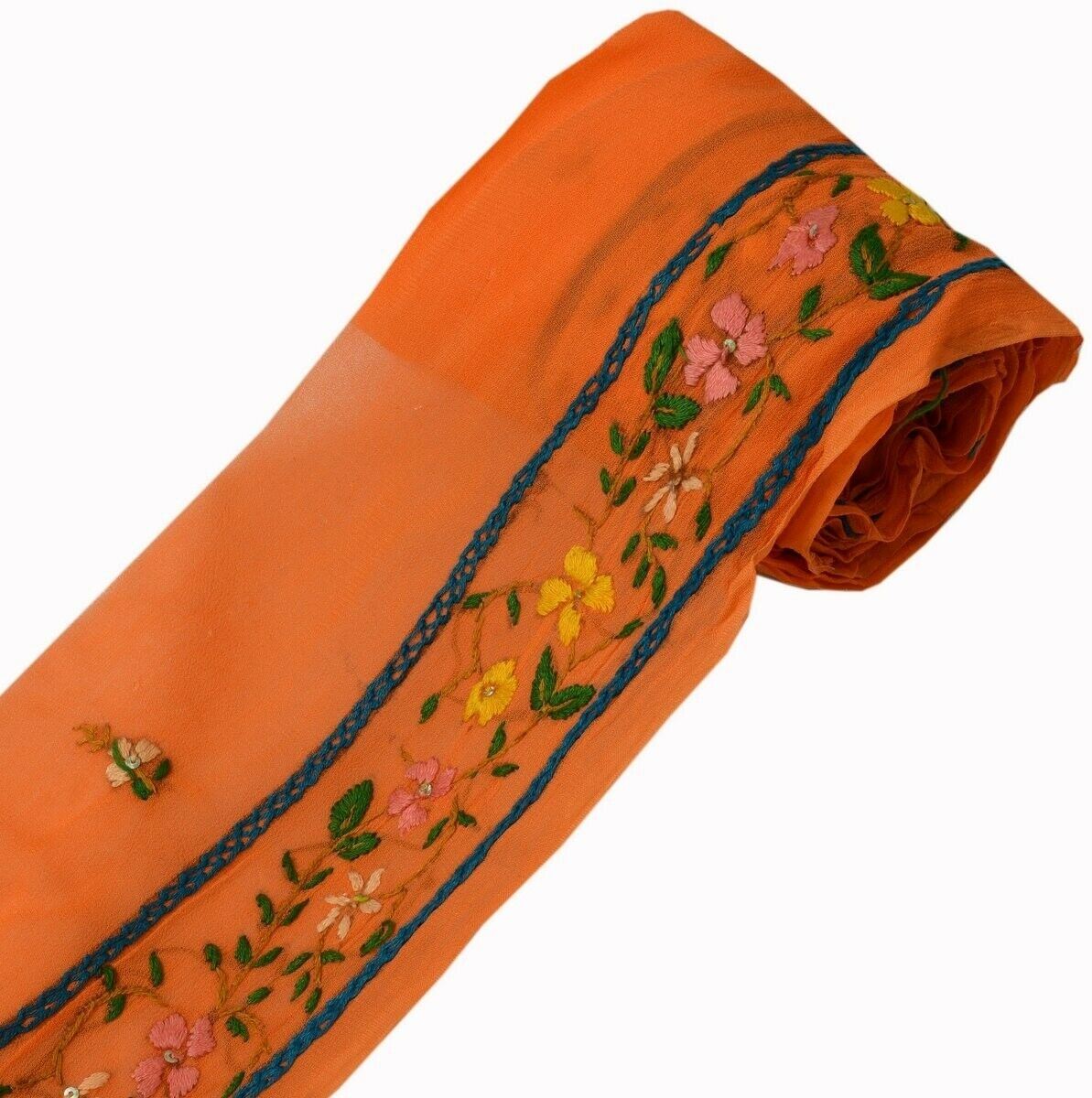 Vintage Saree Border Indian Craft Trim Hand Embroidered Ribbon Lace Orange