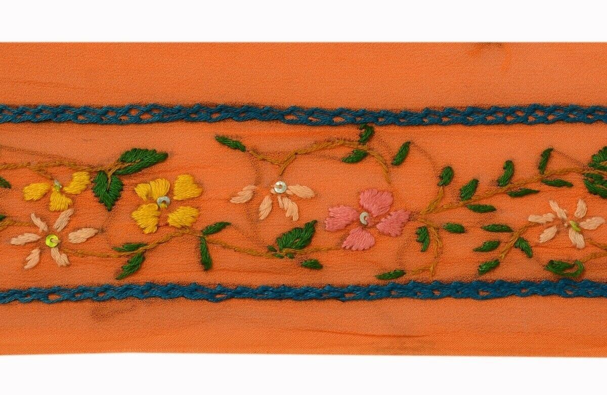 Vintage Saree Border Indian Craft Trim Hand Embroidered Ribbon Lace Orange