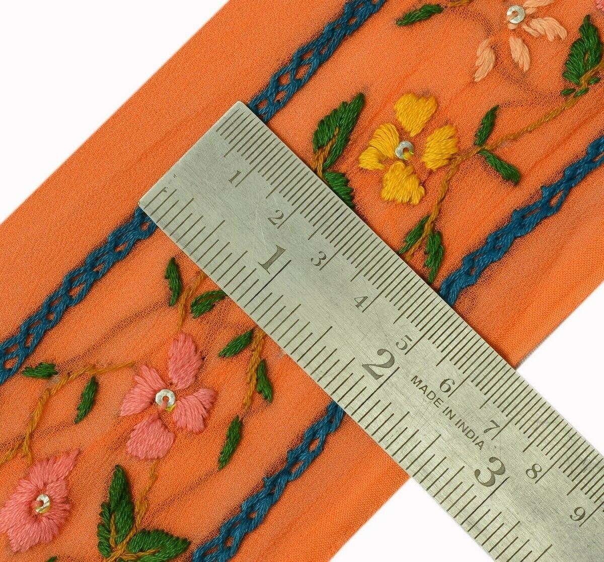 Vintage Saree Border Indian Craft Trim Hand Embroidered Ribbon Lace Orange
