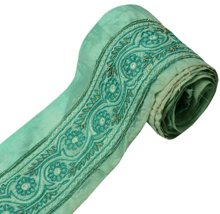 Vintage Saree Border Indian Craft Trim Hand Beaded Embroidered Ribbon Lace Green
