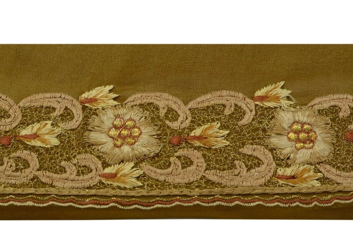 Vintage Sari Border Indian Craft Trim Floral Embroidered Antique Green Lace