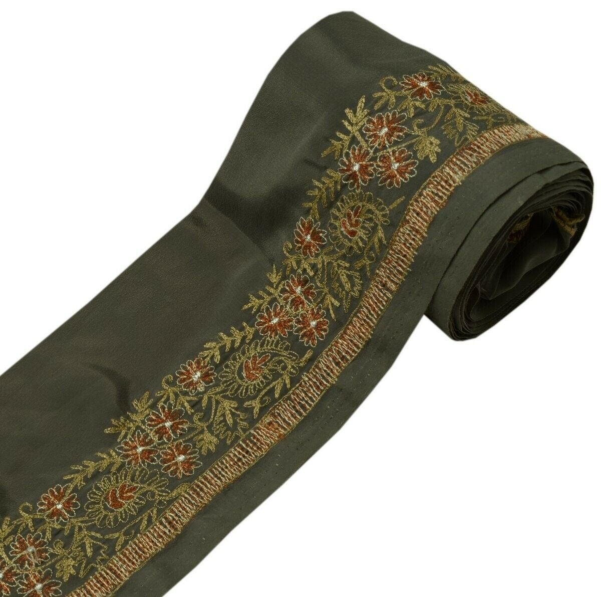 Vintage Saree Border Indian Craft Trim Embroidered Grayish Green Ribbon Lace