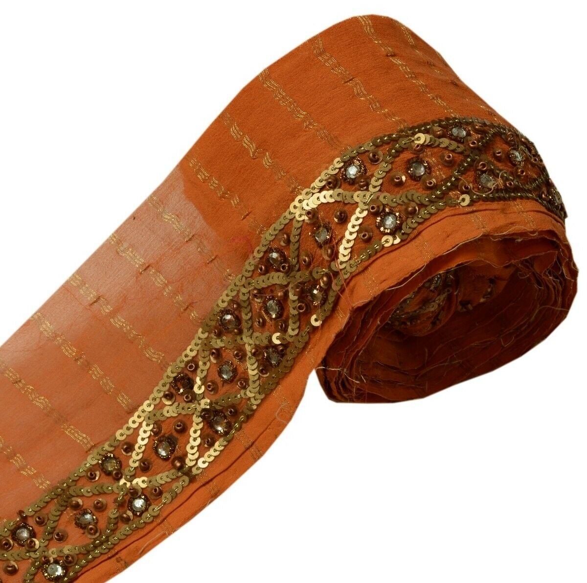 Vintage Saree Border Indian Craft Trim Hand Beaded Sequins Embroidered Lace Rust
