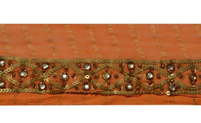Vintage Saree Border Indian Craft Trim Hand Beaded Sequins Embroidered Lace Rust