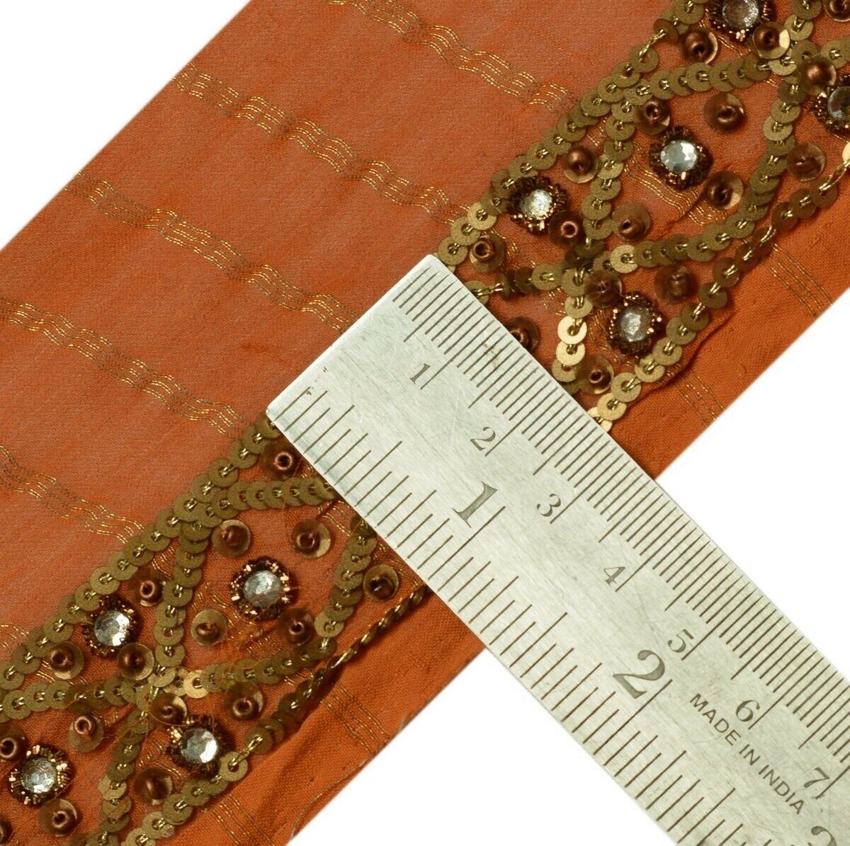 Vintage Saree Border Indian Craft Trim Hand Beaded Sequins Embroidered Lace Rust