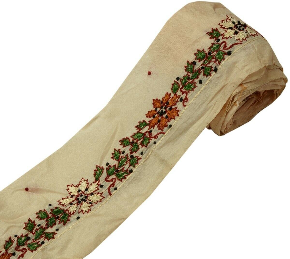Vintage Saree Border Indian Craft Trim Hand Embroidered Floral Ribbon Lace Cream
