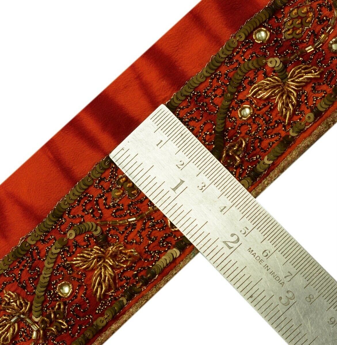 Vintage Saree Border Indian Craft Trim Hand Beaded Embroidered Ribbon Lace Rust