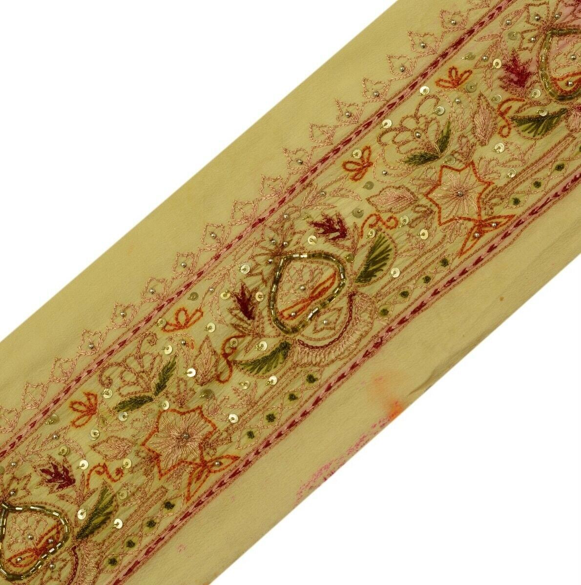 Vintage Saree Border Indian Craft Trim Beaded Embroidered Cream Ribbon Lace