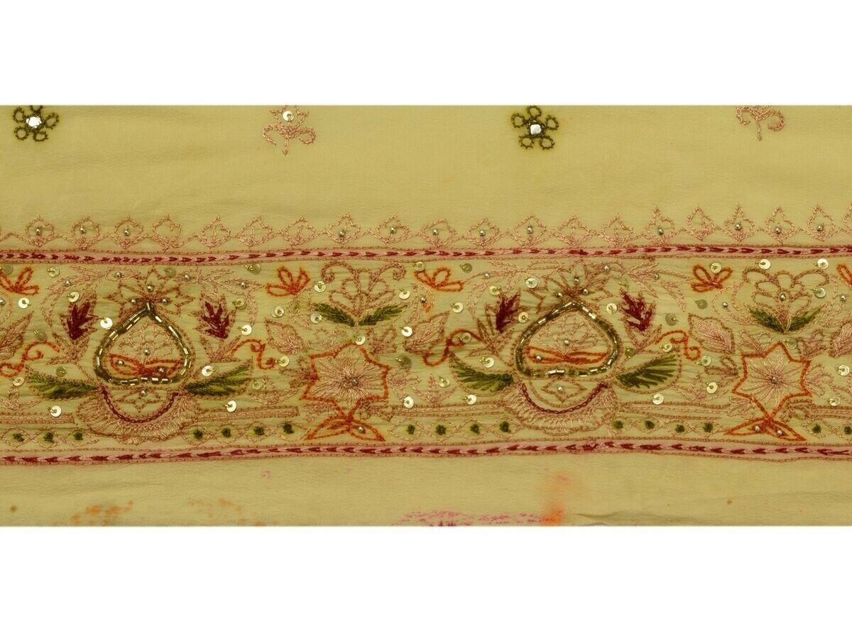Vintage Saree Border Indian Craft Trim Beaded Embroidered Cream Ribbon Lace