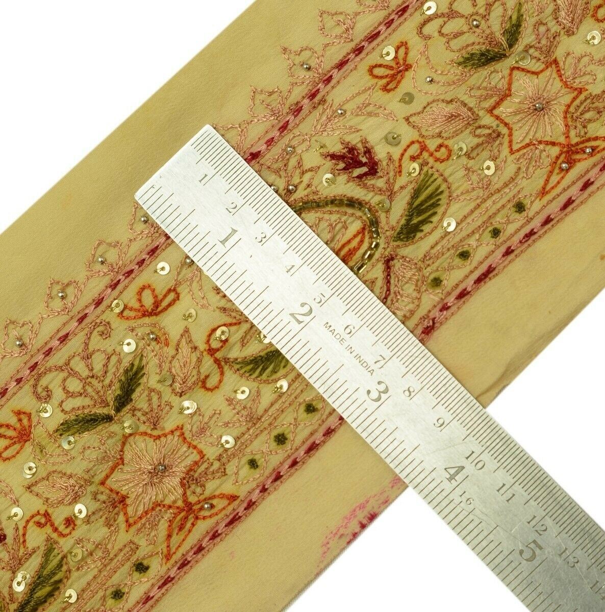 Vintage Saree Border Indian Craft Trim Beaded Embroidered Cream Ribbon Lace