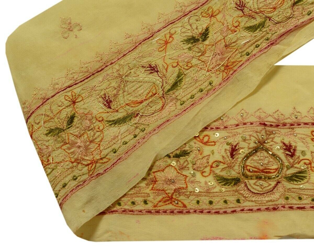 Vintage Saree Border Indian Craft Trim Beaded Embroidered Cream Ribbon Lace