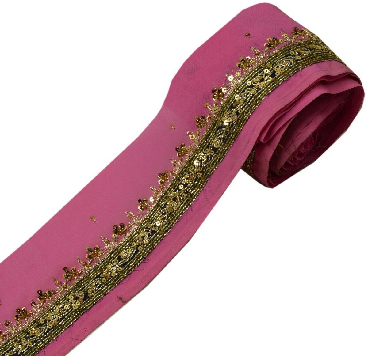 Vintage Saree Border Indian Craft Trim Hand Beaded Embroidered Ribbon Lace Pink