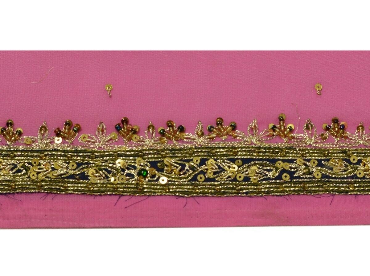 Vintage Saree Border Indian Craft Trim Hand Beaded Embroidered Ribbon Lace Pink