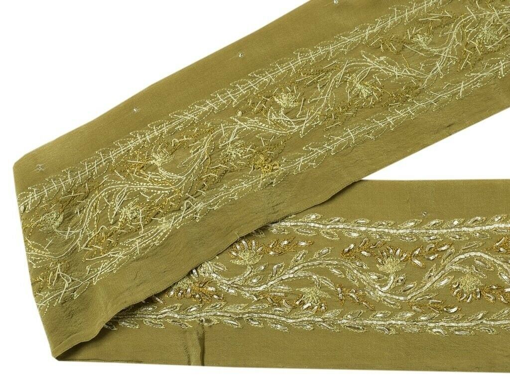 Vintage Saree Sewing Trim Indian Craft Border Hand Beaded Embroidered Lace Green