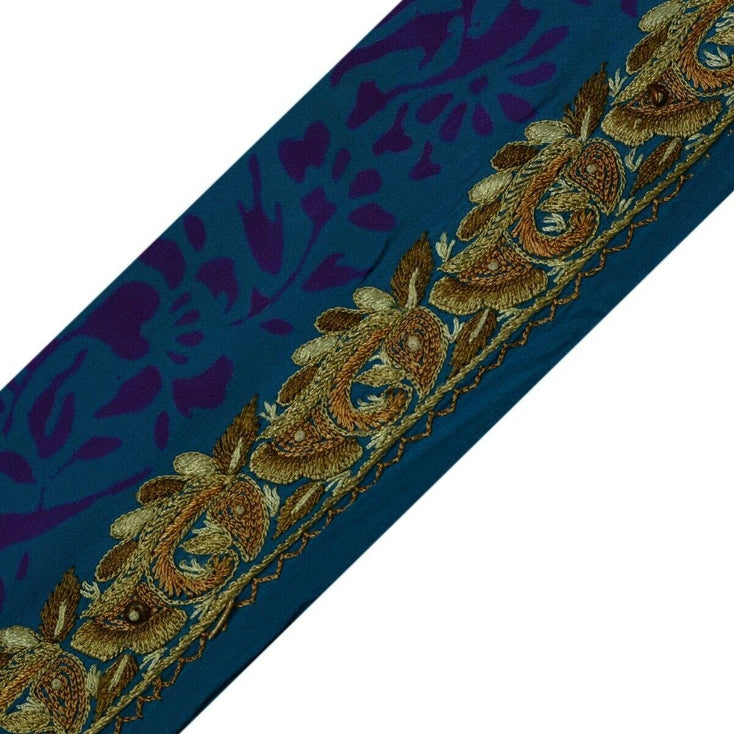 Vintage Saree Border Indian Craft Trim Hand Embroidered Blue Sewing Ribbon Lace