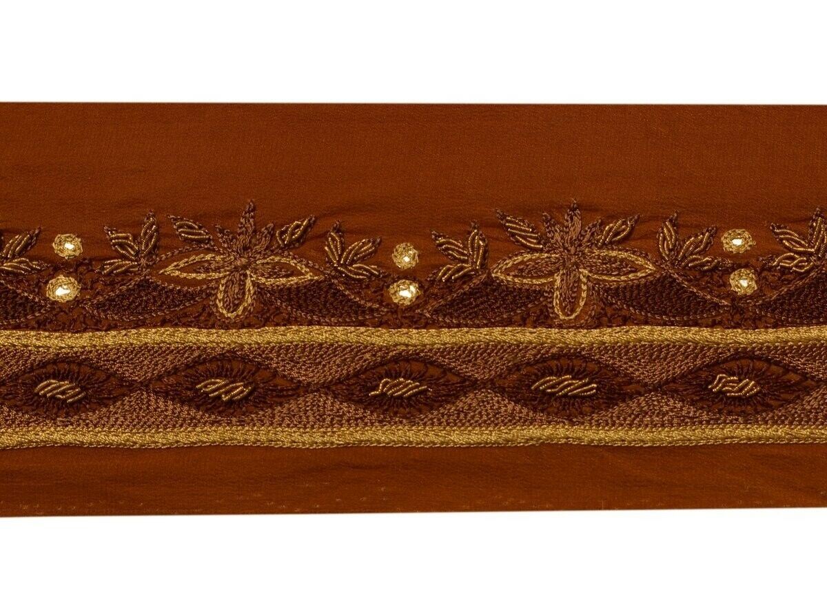 Vintage Saree Border Indian Craft Trim Hand Beaded Embroidered Ribbon Lace Brown