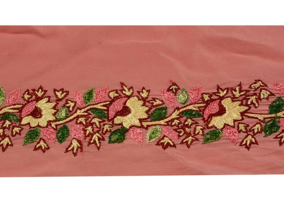 Vintage Saree Border Indian Craft Trim Hand Embroidered Pink Ribbon Lace