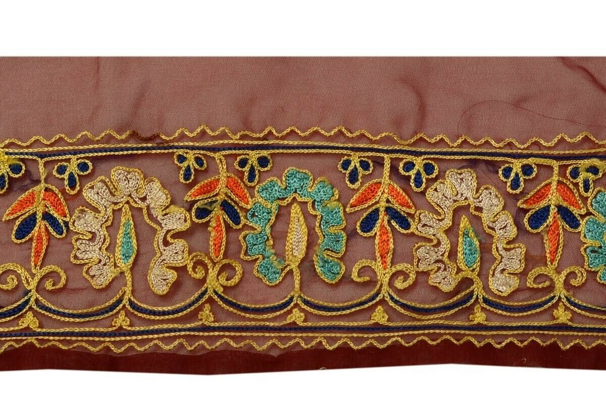 Vintage Saree Border Indian Craft Trim Embroidered Maroon Sewing Ribbon Lace