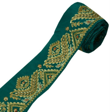 Vintage Saree Border Indian Craft Trim Hand Embroidered Green Sewing Ribbon Lace