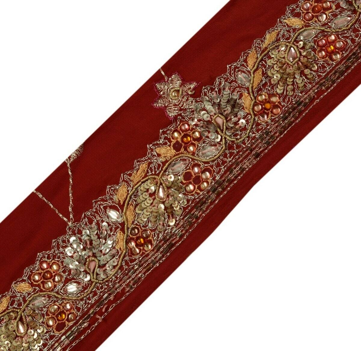 Vintage Saree Border Indian Craft Trim Hand Beaded Embroidered Lace Deep Red
