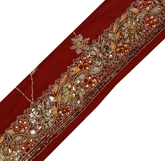 Vintage Saree Border Indian Craft Trim Hand Beaded Embroidered Lace Deep Red