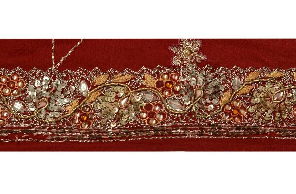 Vintage Saree Border Indian Craft Trim Hand Beaded Embroidered Lace Deep Red