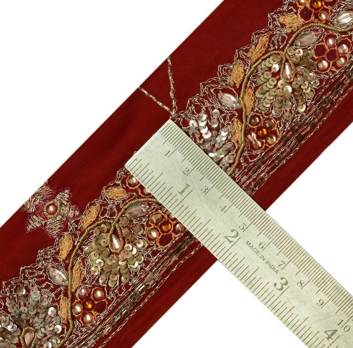 Vintage Saree Border Indian Craft Trim Hand Beaded Embroidered Lace Deep Red