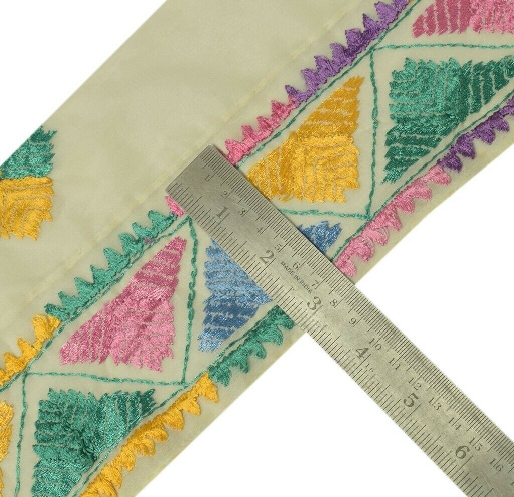 Vintage Sari Border Indian Craft Sewing Trim Hand Embroidered Ribbon Lace Cream