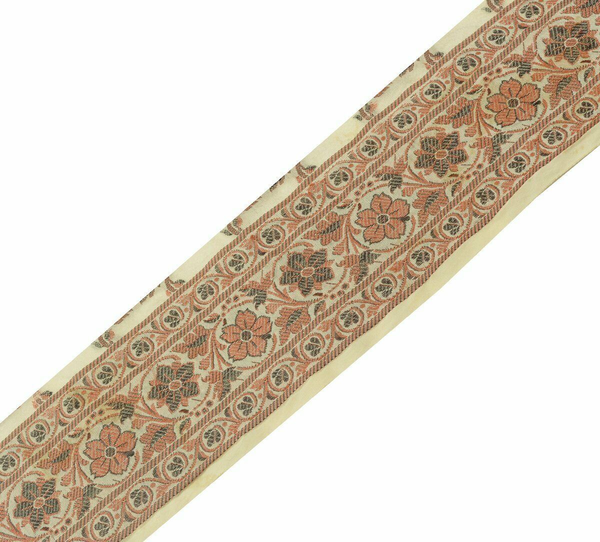 Vtg Saree Border Indian Craft Trim Antique Woven Floral Ribbon 3 Inch Cream Lace