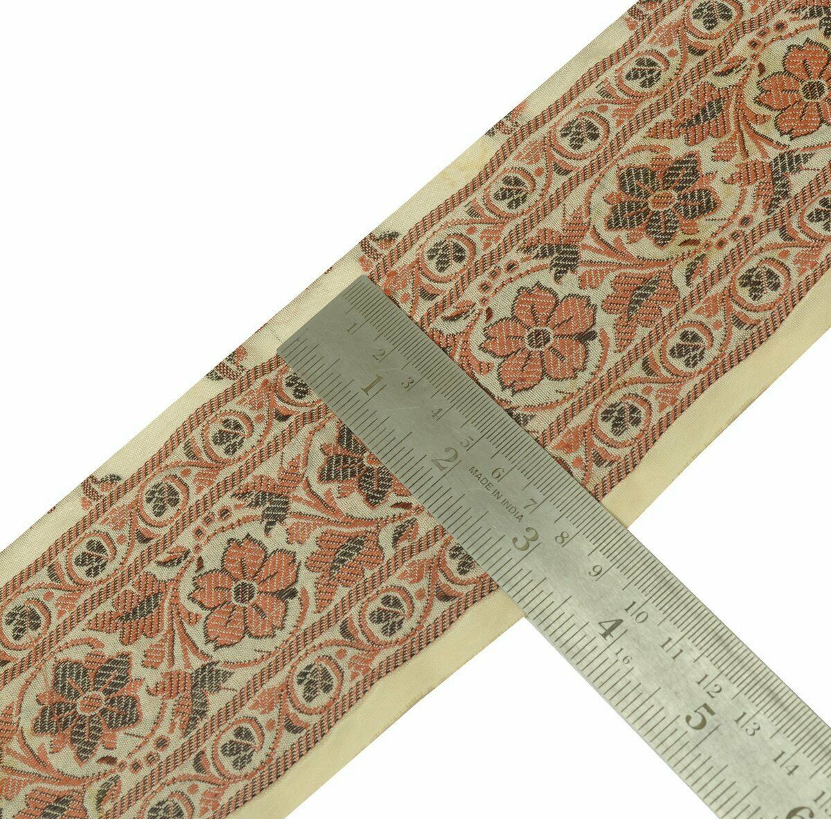 Vtg Saree Border Indian Craft Trim Antique Woven Floral Ribbon 3 Inch Cream Lace