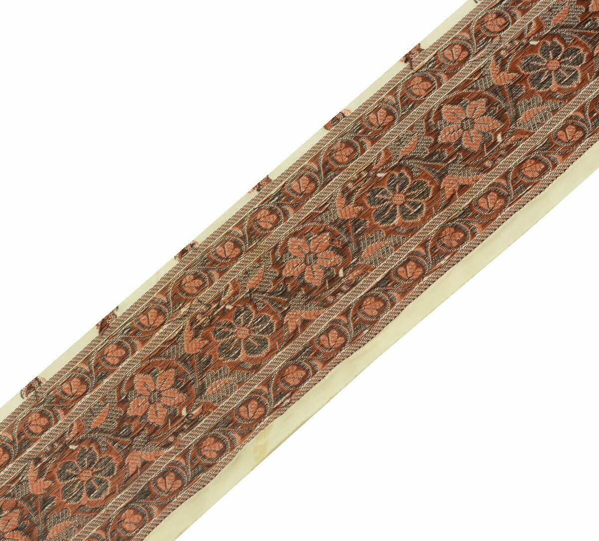 Vtg Saree Border Indian Craft Trim Antique Woven Floral Ribbon 3 Inch Cream Lace
