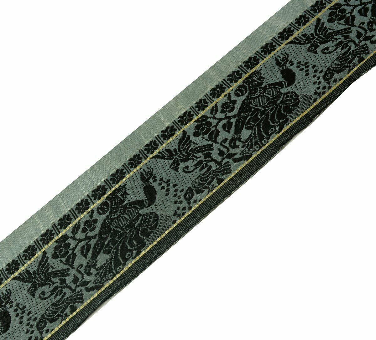 Vintage Saree Border Indian Craft Trim Antique Woven lady Birds Ribbon Lace Gray