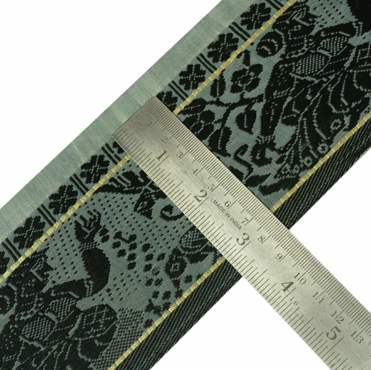 Vintage Saree Border Indian Craft Trim Antique Woven lady Birds Ribbon Lace Gray