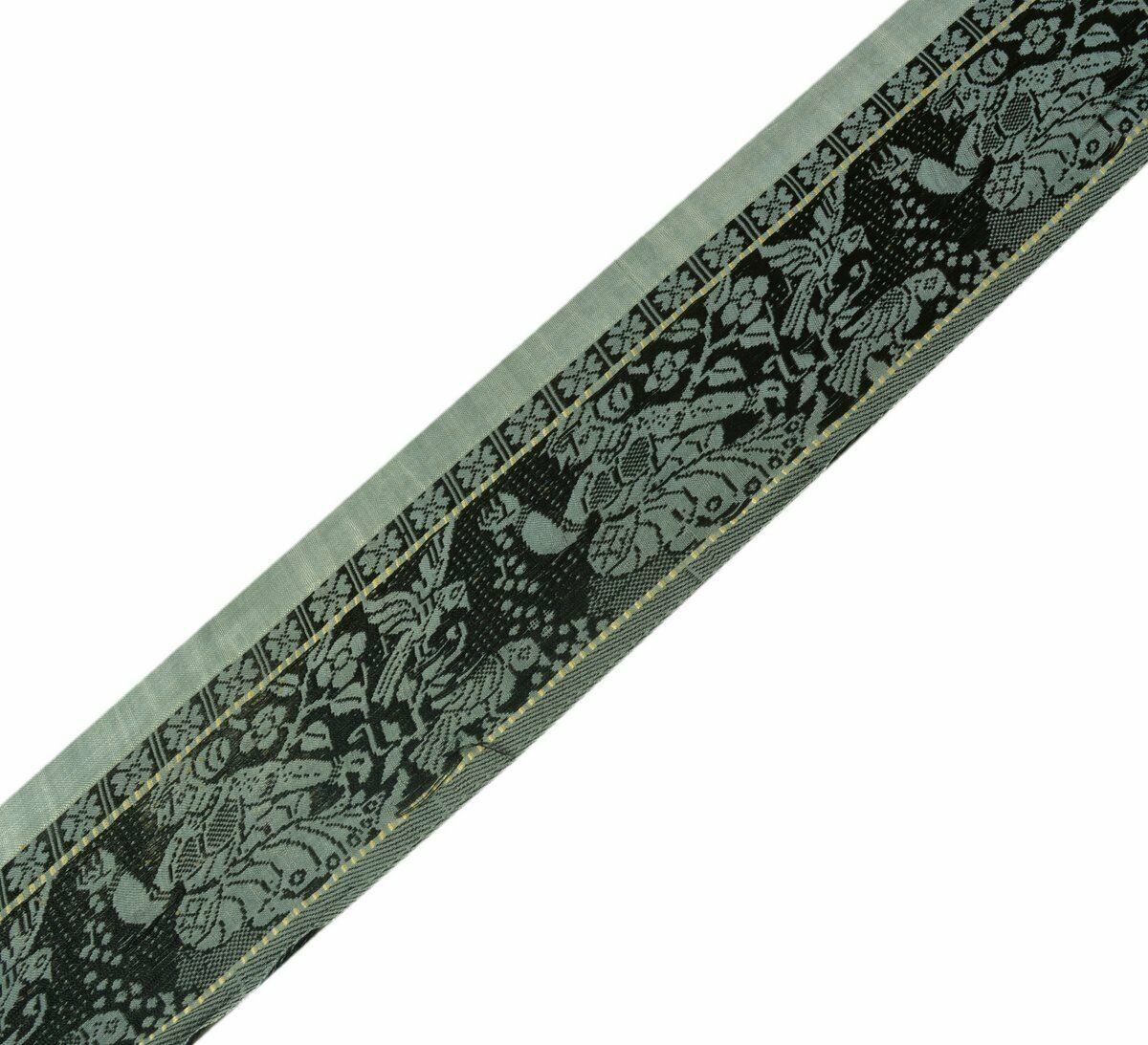 Vintage Saree Border Indian Craft Trim Antique Woven lady Birds Ribbon Lace Gray