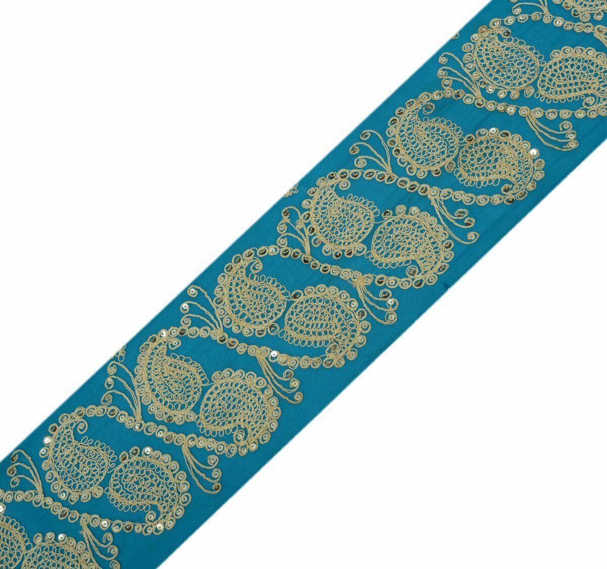 Vintage Saree Border Indian Craft Trim Antique Embroidered Blue Ribbon Lace