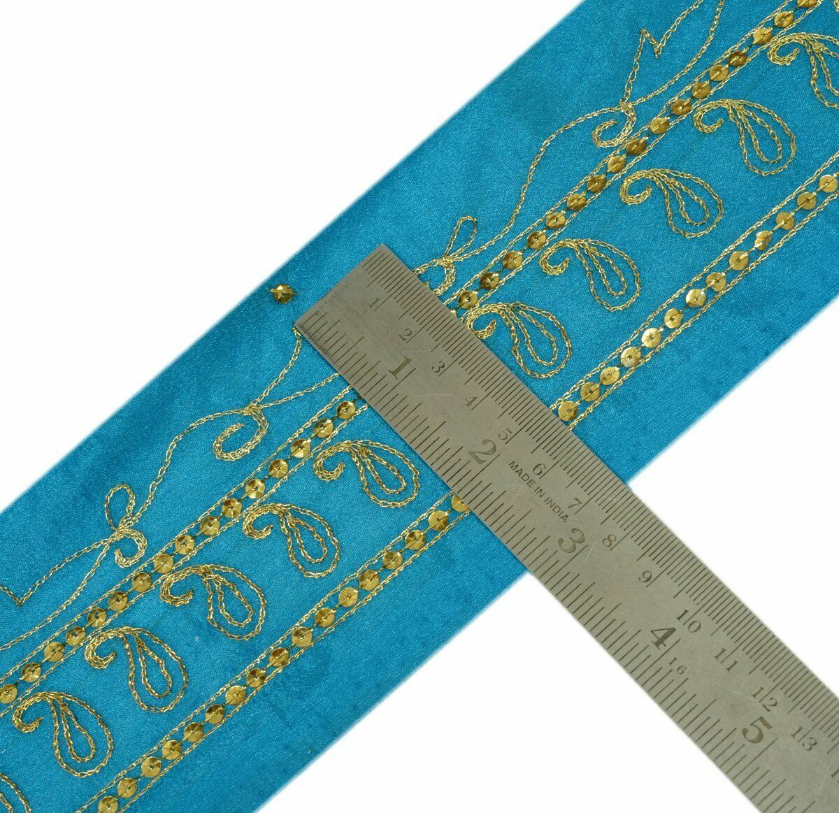 Vintage Saree Border Indian Craft Trim Antique Zari Embroidered Blue Ribbon Lace