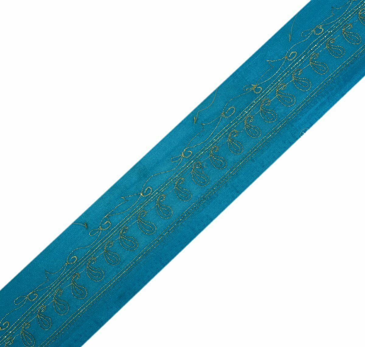 Vintage Saree Border Indian Craft Trim Antique Zari Embroidered Blue Ribbon Lace