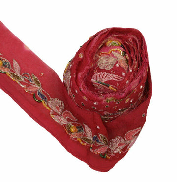 Vintage Saree Border Indian Craft Trim Antique Embroidered Beaded Maroon Ribbon