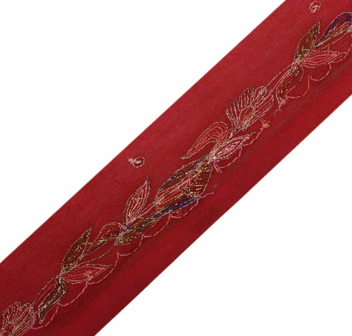 Vintage Saree Border Indian Craft Trim Antique Embroidered Beaded Maroon Ribbon
