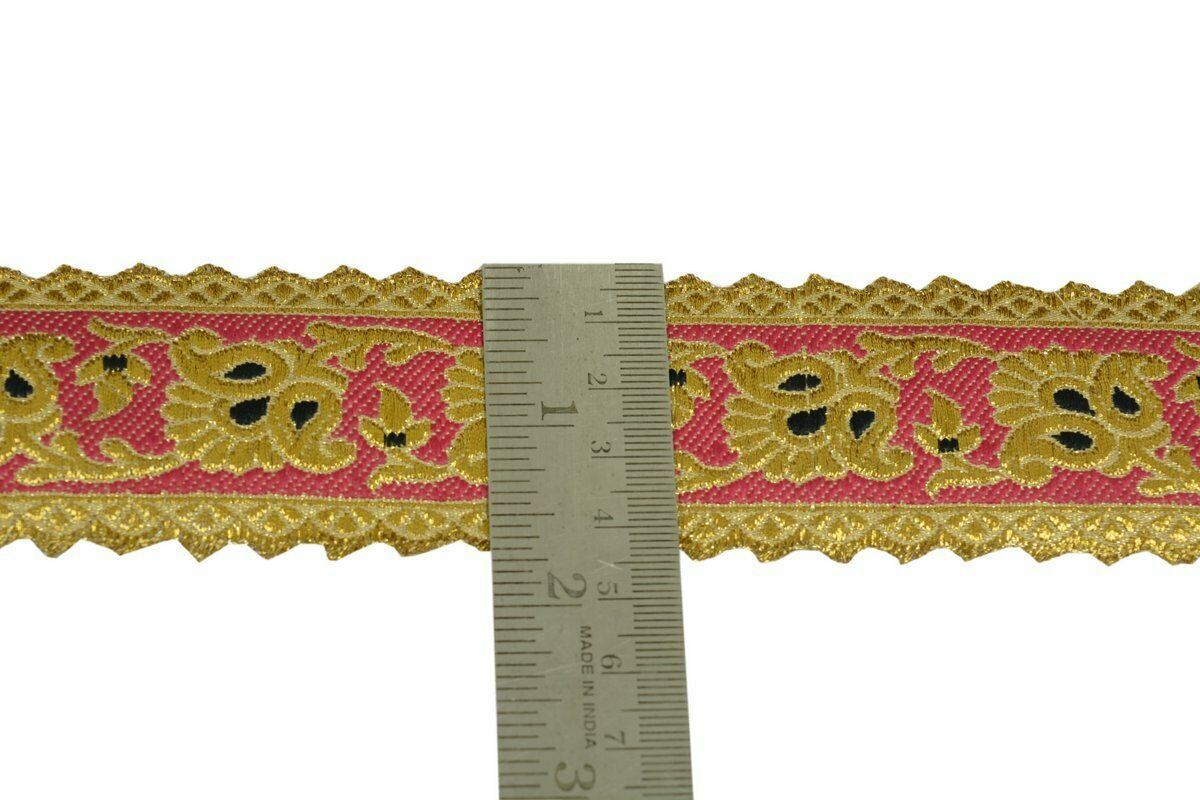 Vtg Saree Border Indian Craft Trim Antique Zari Woven Floral Ribbon Lace Pink