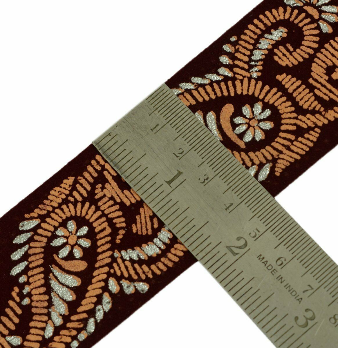 Vtg Saree Border Indian Craft Trim Antique Printed Pailsey Velvet Fabric Lace