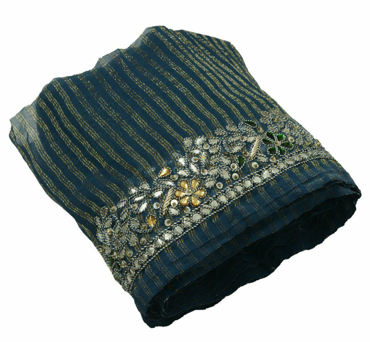 Antique Vintage Saree Border Craft Trim Hand Beaded Gota Patti Stone Blue Lace