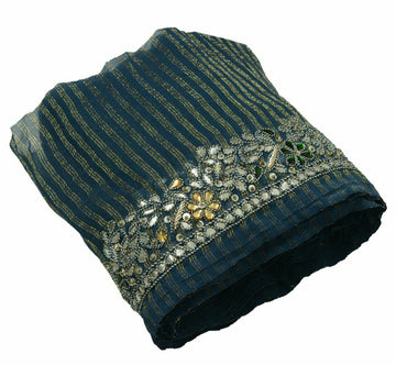 Antique Vintage Saree Border Craft Trim Hand Beaded Gota Patti Stone Blue Lace