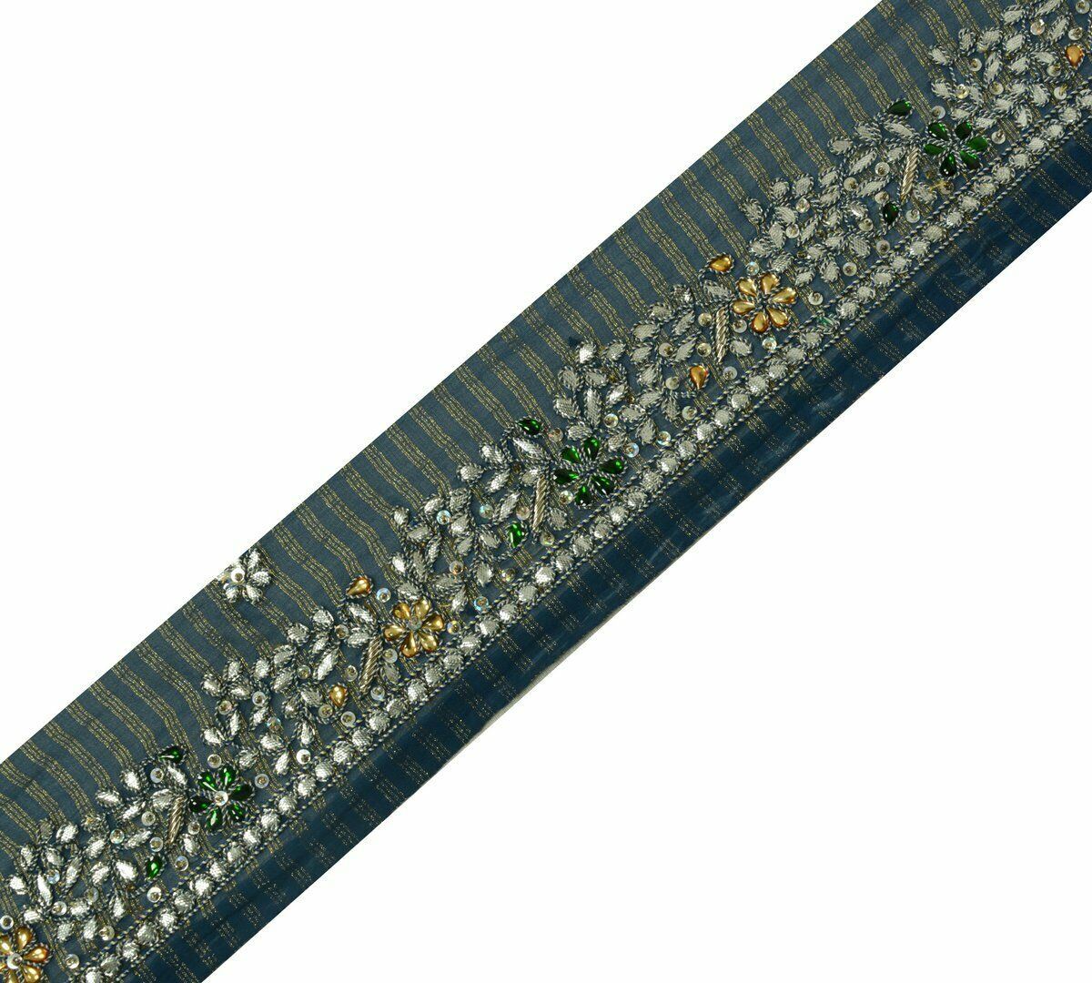 Antique Vintage Saree Border Craft Trim Hand Beaded Gota Patti Stone Blue Lace