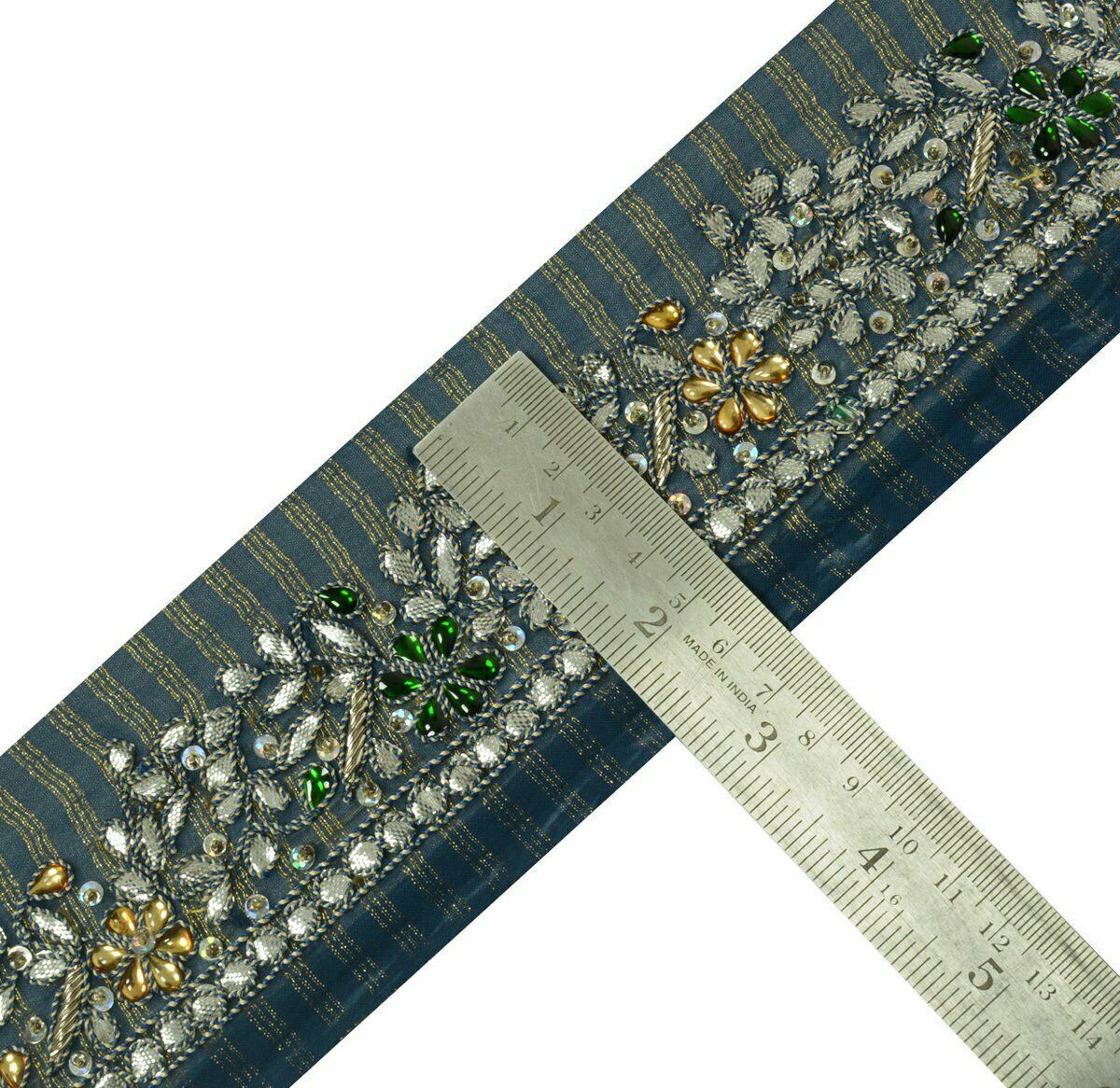 Antique Vintage Saree Border Craft Trim Hand Beaded Gota Patti Stone Blue Lace
