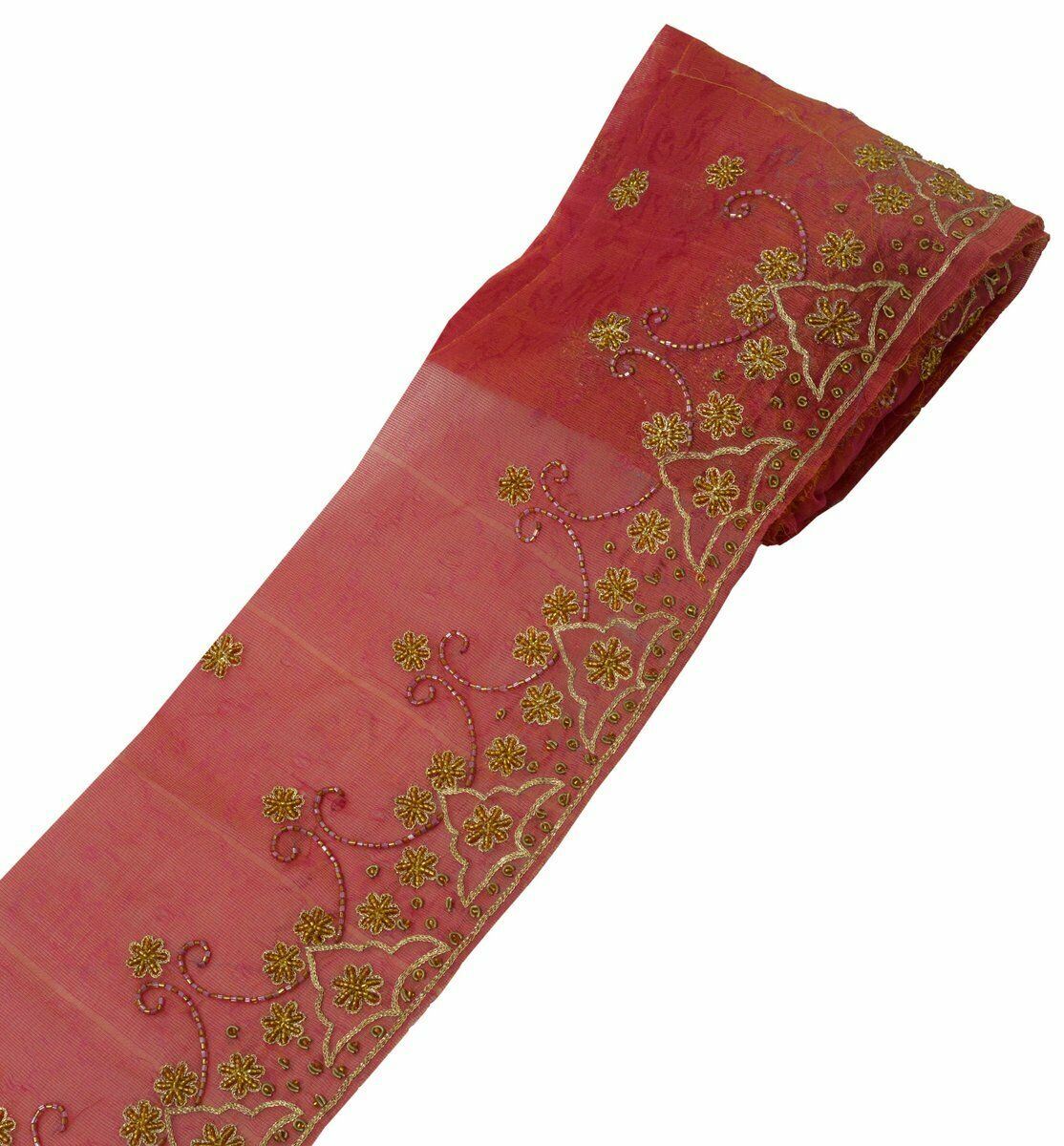 Antique Vintage Saree Border Indian Craft Trim Hand Beaded Embroidered Pink lace