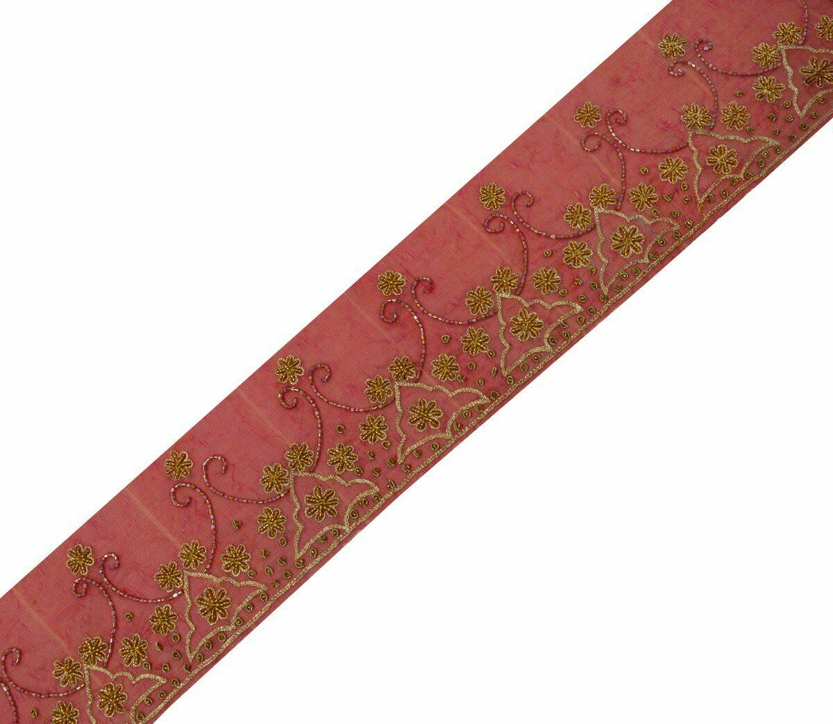 Antique Vintage Saree Border Indian Craft Trim Hand Beaded Embroidered Pink lace