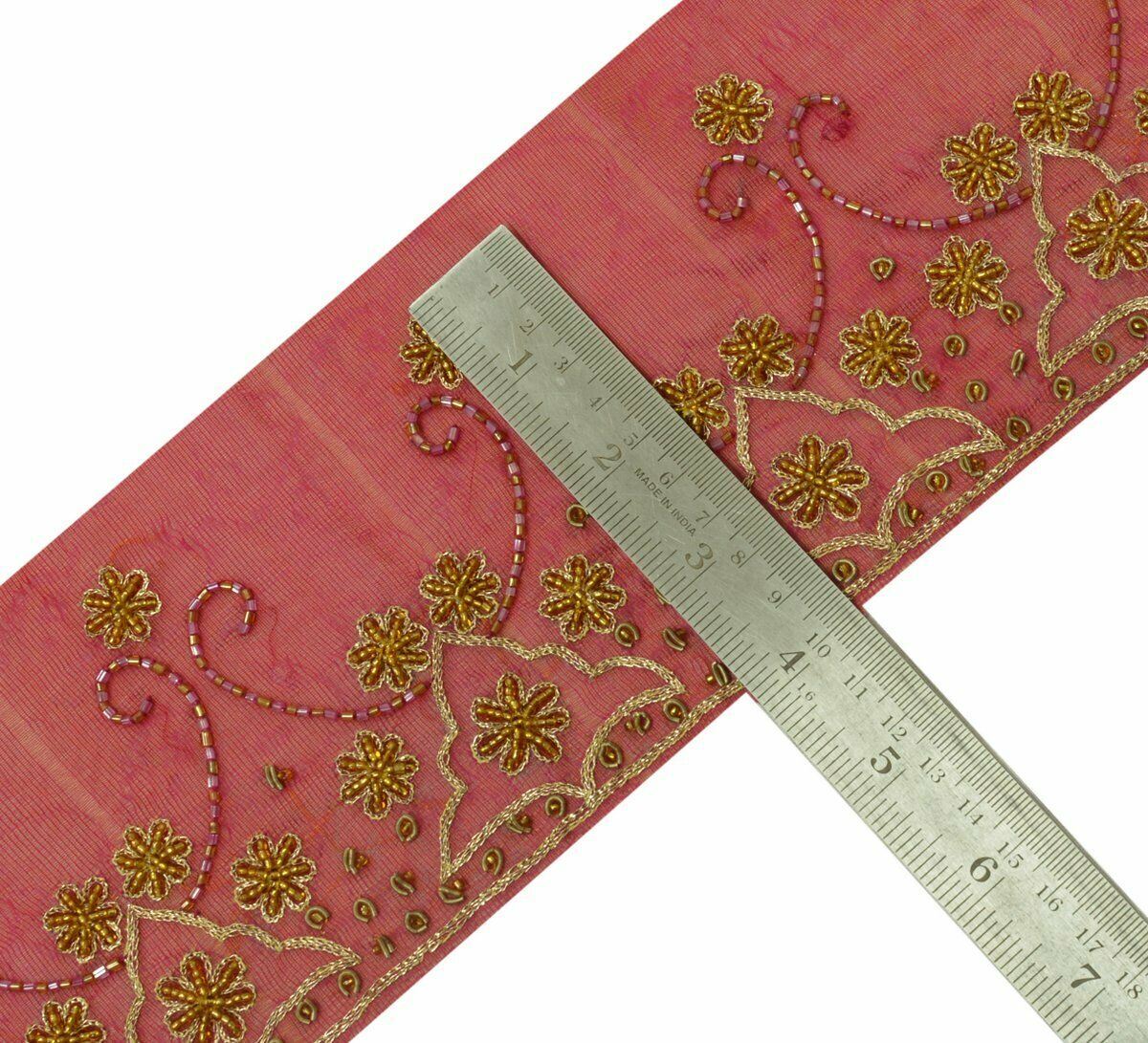 Antique Vintage Saree Border Indian Craft Trim Hand Beaded Embroidered Pink lace